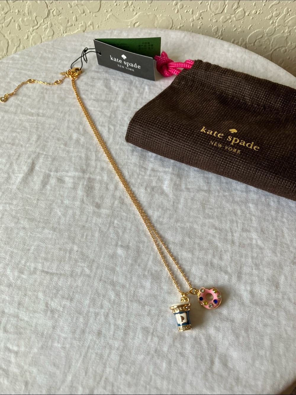 kate spade: Gold Tone Pink donut & coffee cup charm necklace